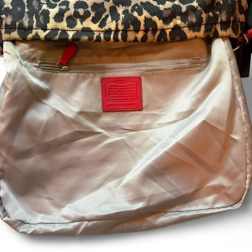 Coach Leopard Print Hobo Shoulder Bag Red Leather Trim